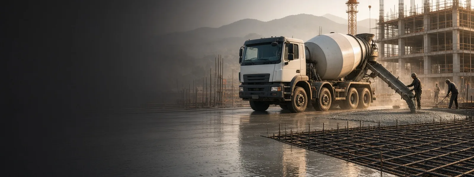 Ilustrasi truk molen beton ready mix di lokasi proyek konstruksi saat senja, dengan rangka gedung, tower crane, dan tumpukan buis beton