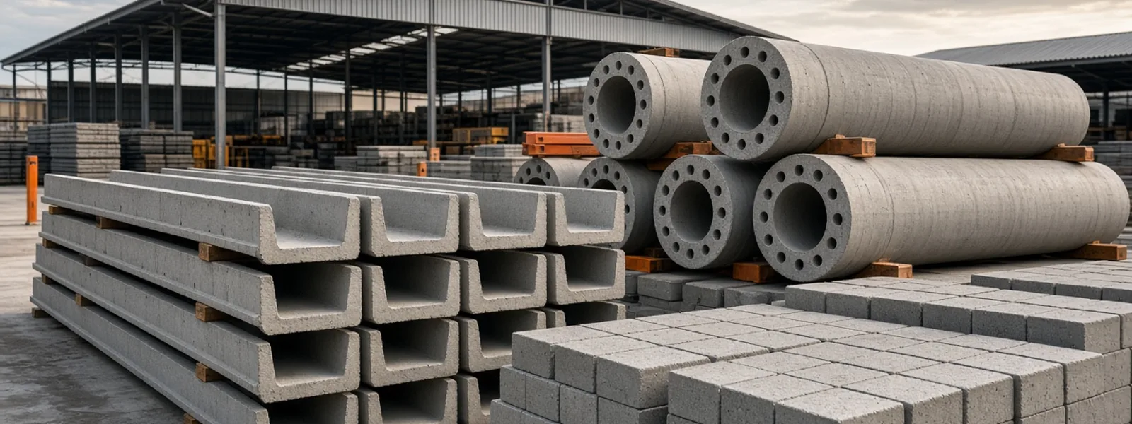 Ilustrasi area produksi beton pracetak dengan gantry crane oranye mengangkat U-ditch, serta paving block, box culvert, buis beton, spun pile, dan kanstin
